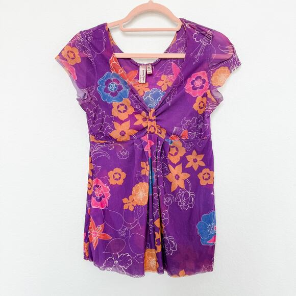 Y2K Sweet Pea Floral Mesh Babydoll Top Purple Size M Boho Fairy Indie Sleaze - Picture 1 of 7